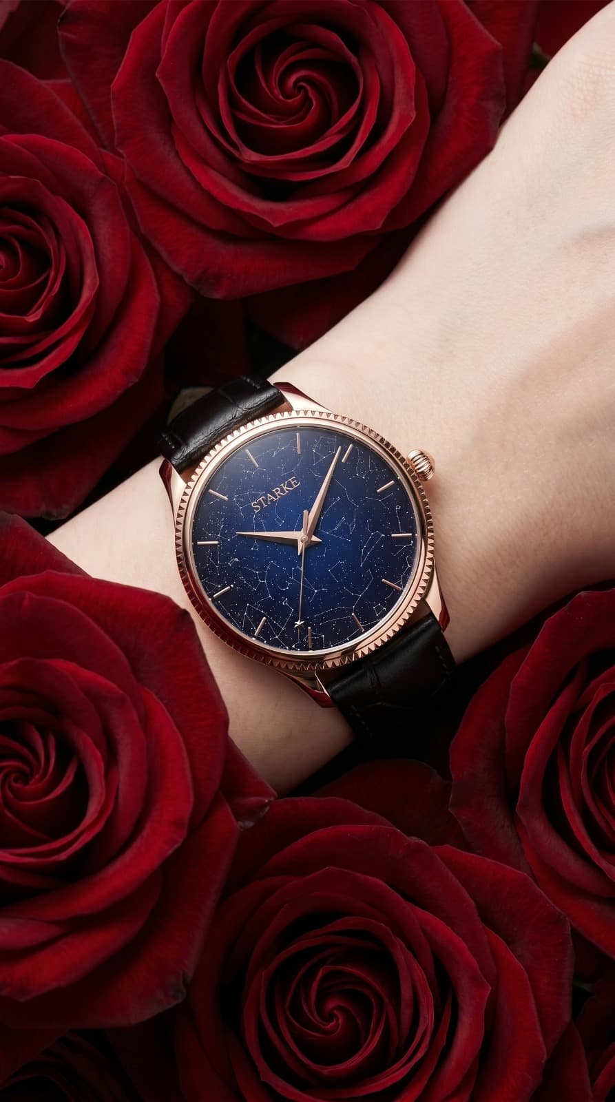Rose-gold Locus with red roses