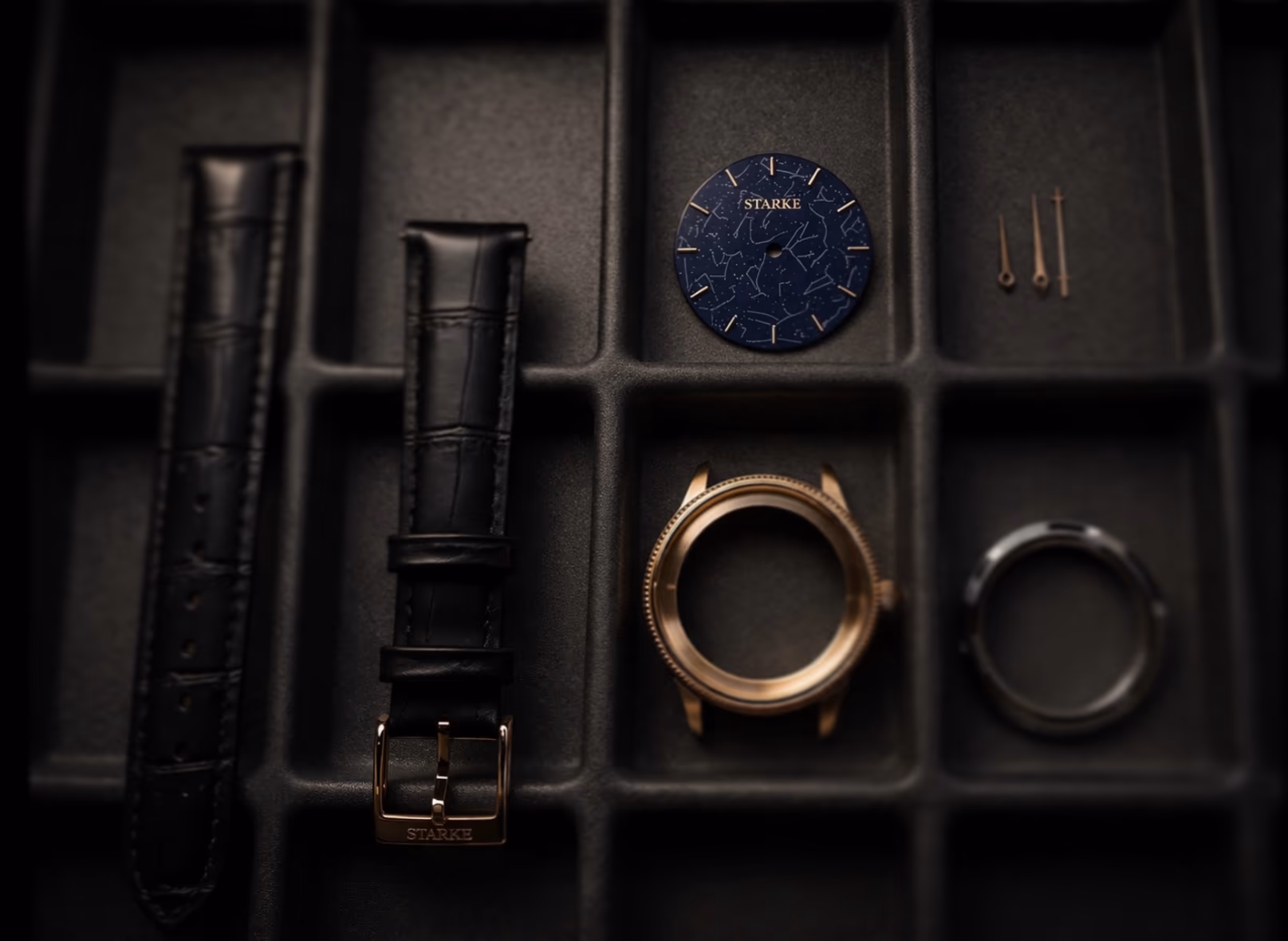 Locus components laid out: dial, case, hands and leather straps